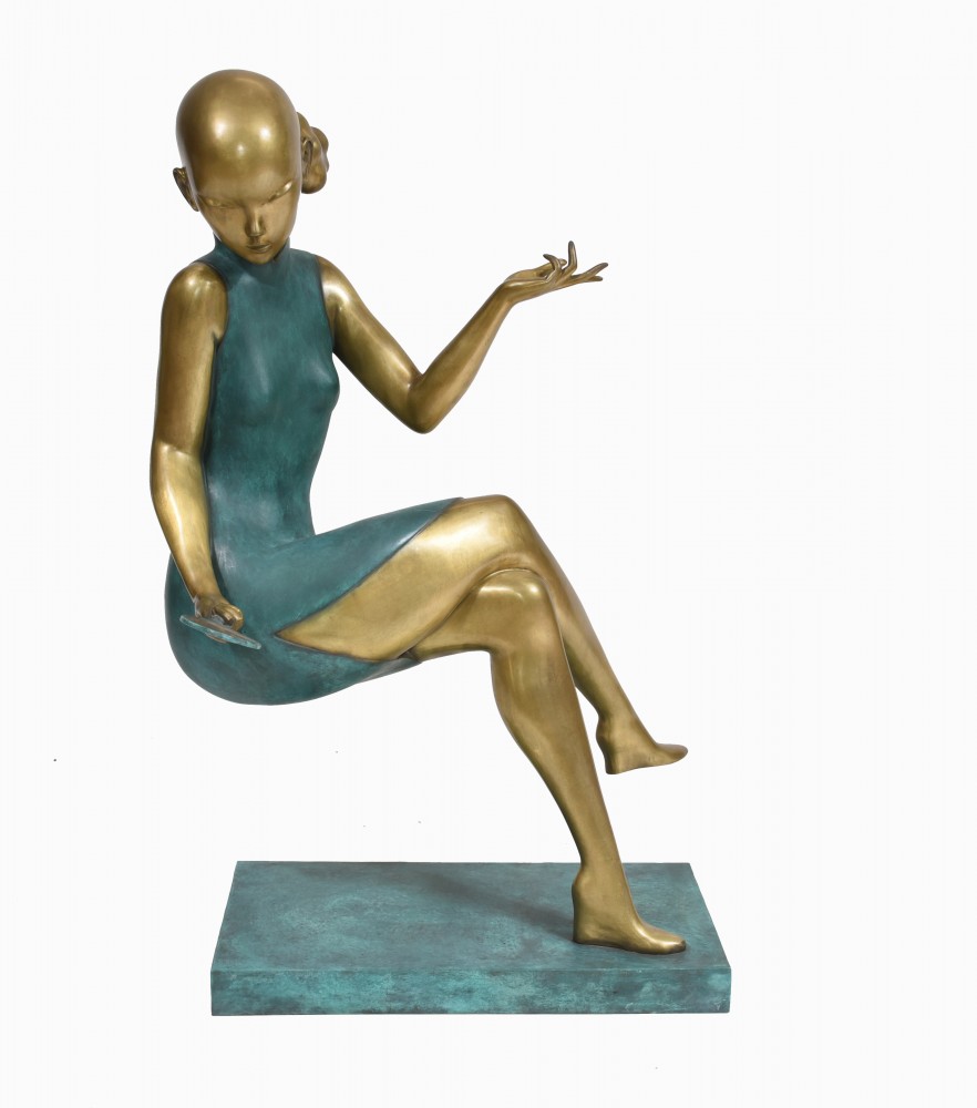 Art Déco Bronze Statue Dame Assise Figurine Grande
