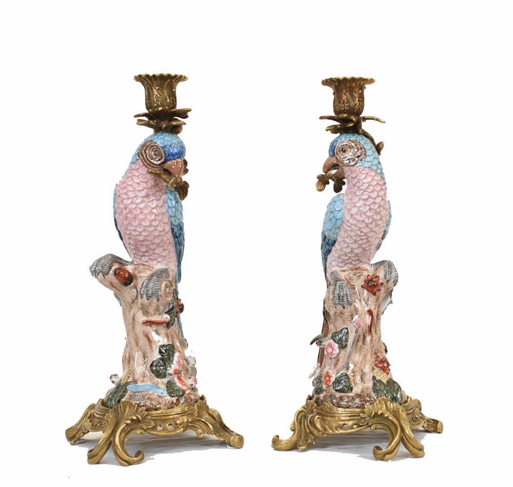 Paire Bougeoirs Perroquet Porcelaine Candélabres Français Oiseau Tropical