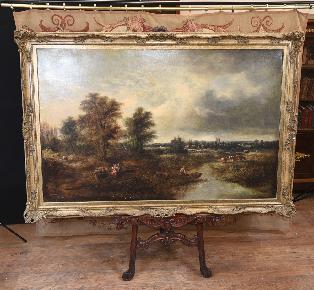 Peinture à l'huile victorienne English Norfolk paysage rustique vers 1860 Arcadie