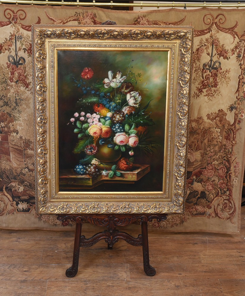 Peinture à l'huile victorienne nature morte art floral cadre doré