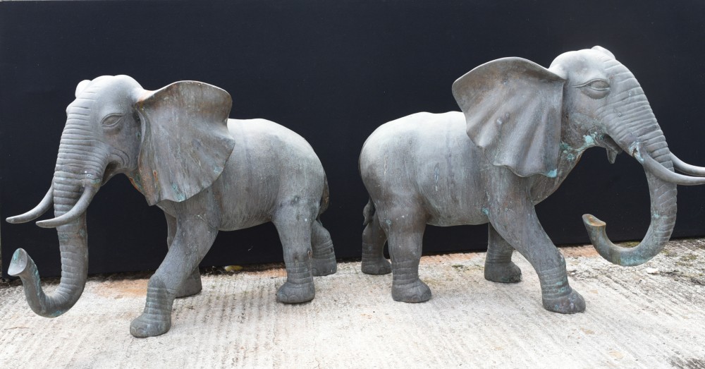 Paire Bronze Eléphants Grand Jardin Sculpture Animalière