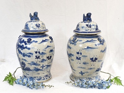 Paire Vases Porcelaine Chinoise Pots Gingembre Bleu et Blanc Kangxi