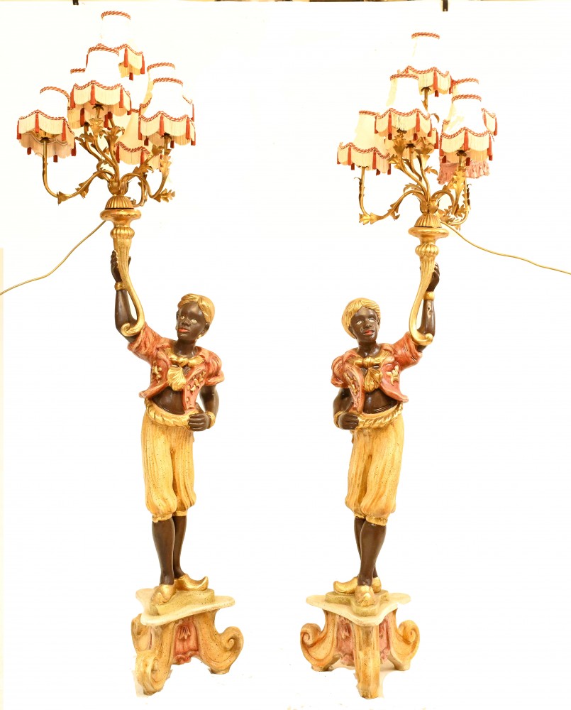 Paire Candélabres Vénitiens Blackamoor Statues Lampadaires Italiens