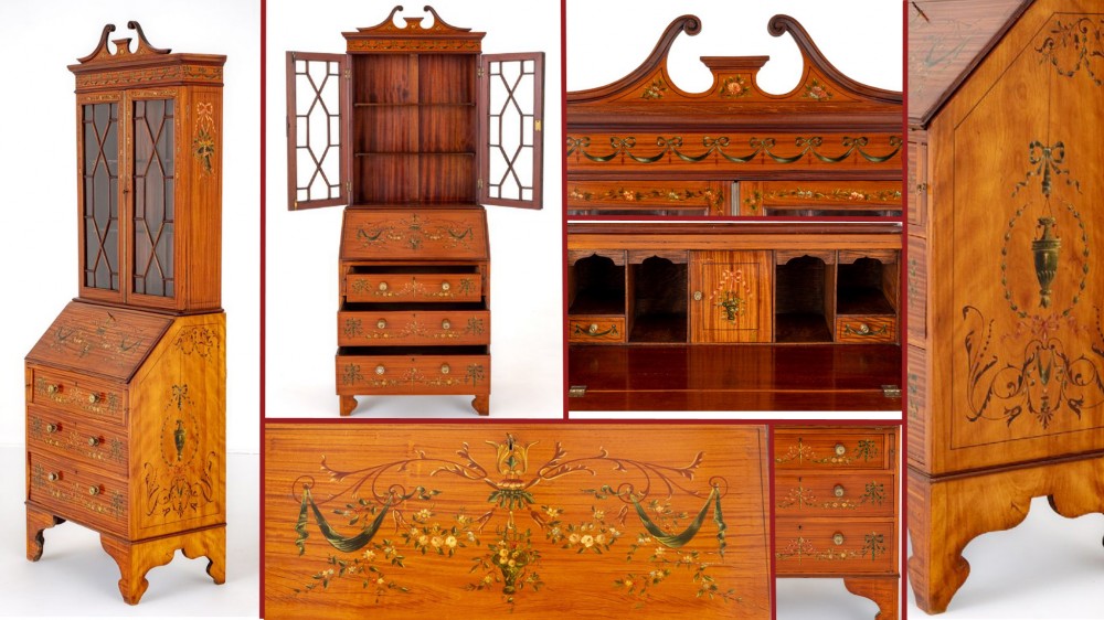 Bibliothèque Bureau Sheraton Bois De Satin Peint 1890