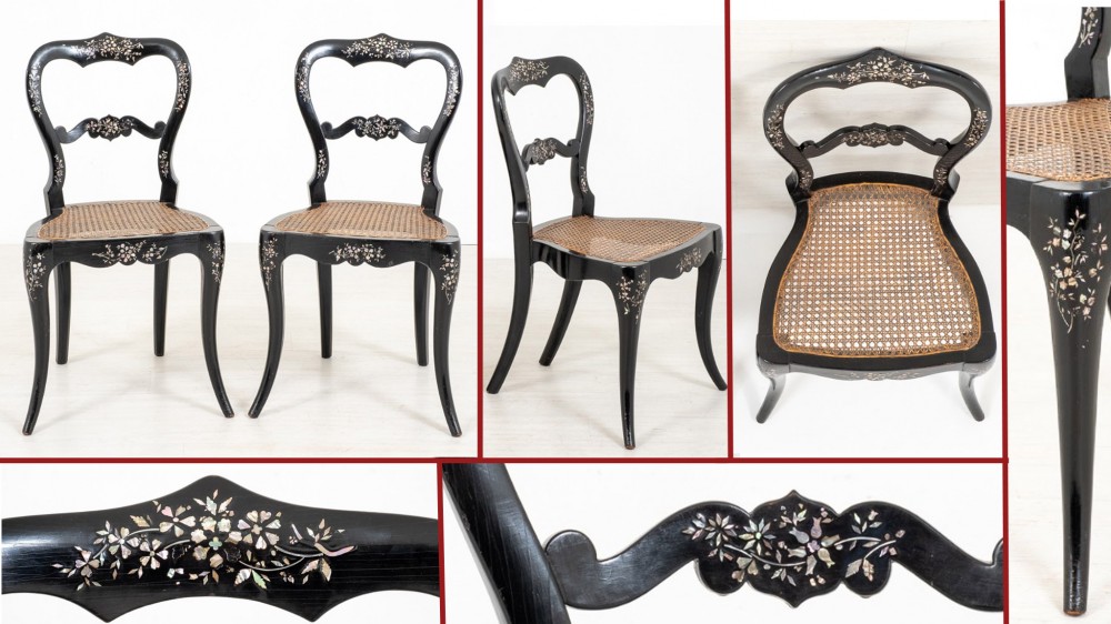 Paire Chaises Noircies Incrustation De Nacre Laque 1860