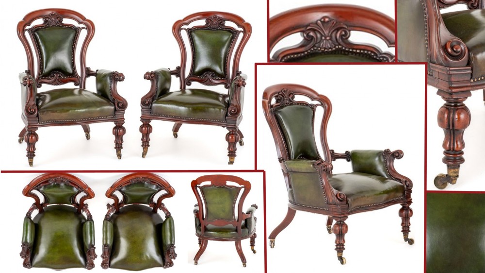 Paire Fauteuils Victorien Cuir Acajou Ouvert 1850