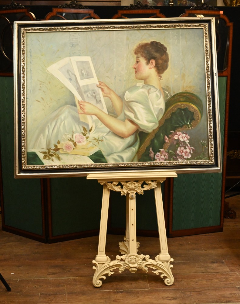 Peinture à l'huile édouardienne lecture Lady Portrait Art anglais