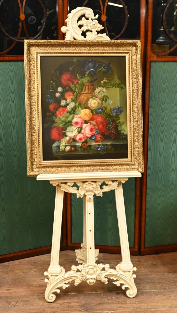 Peinture à l'huile nature morte victorienne cadre doré vaporisateur floral