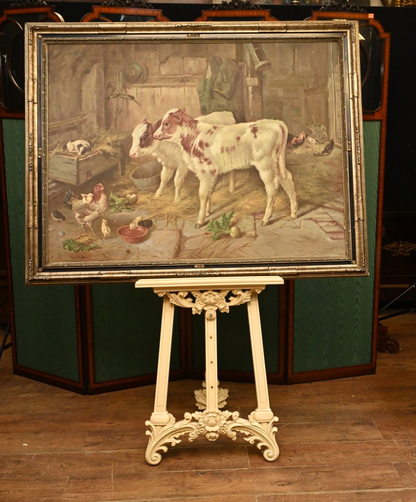 Scène de basse-cour Peinture à l'huile Art victorien Veau Poule Animaux