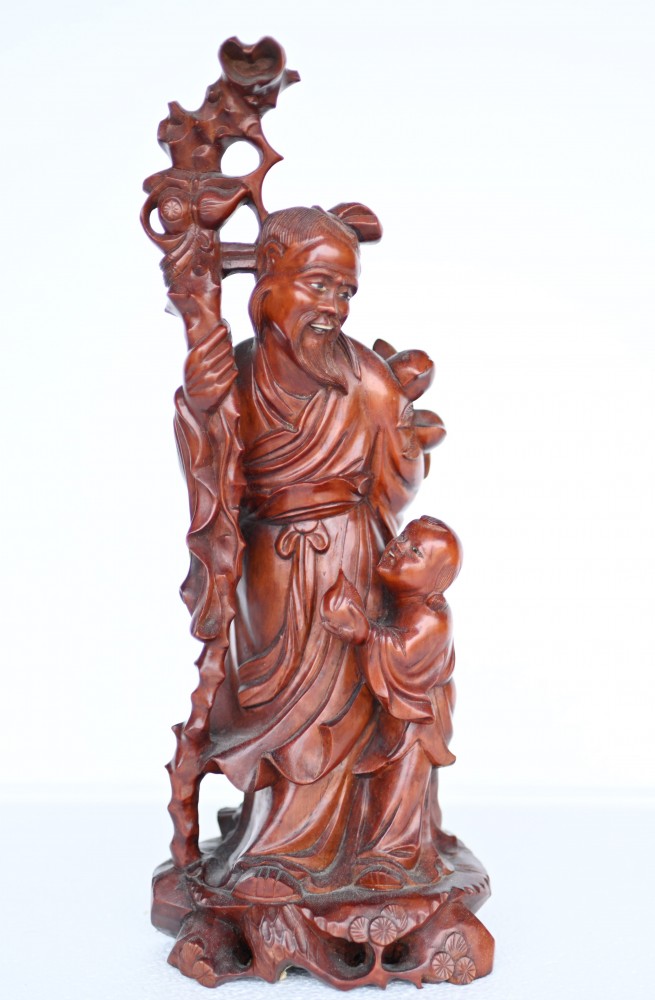Statue d'homme sage et d'enfant sculpté chinois en bois dur