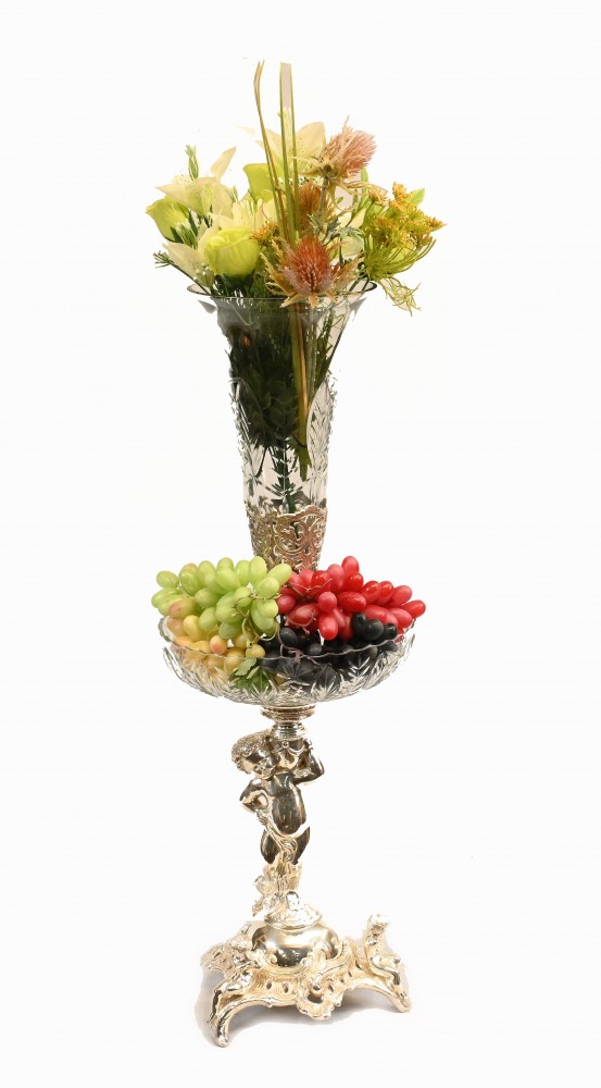 Vase Centre De Table En Verre Chérubin Epergne Argenté