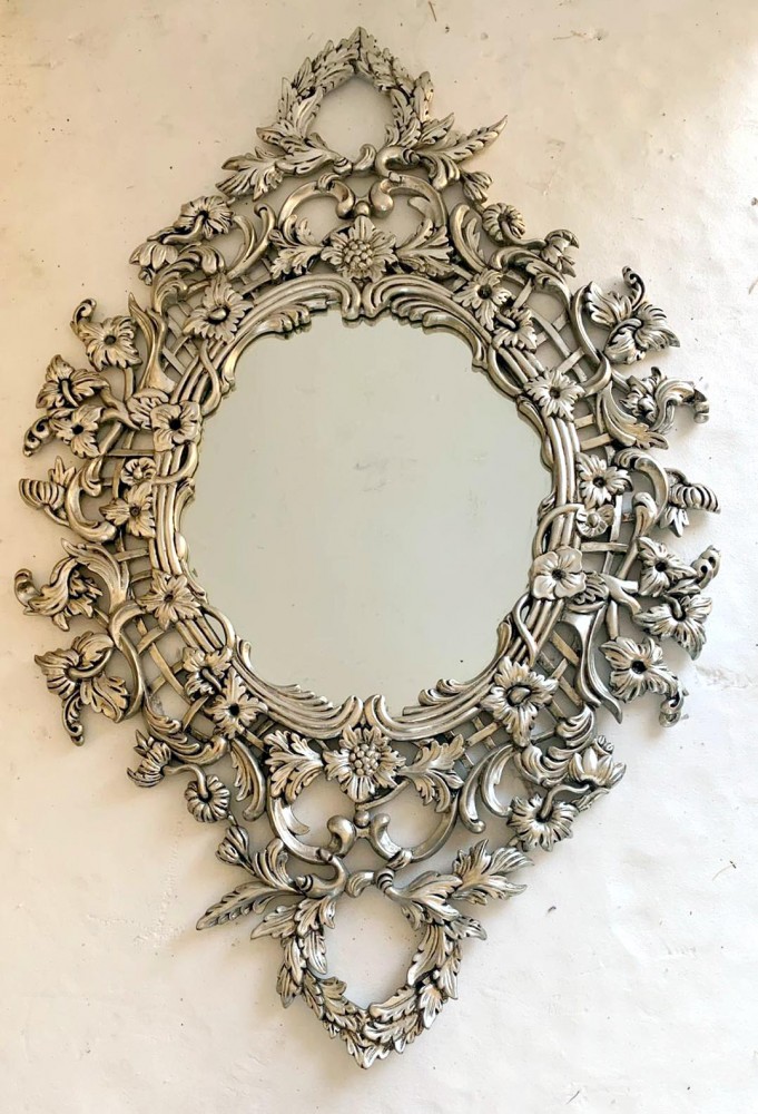 Miroir Art Nouveau Argent Vermeil Cadre Ovale Floral