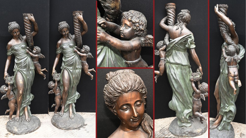 Paire Bronze Italien Maidens Demeter Cherub Statue 5ft Classical Garden