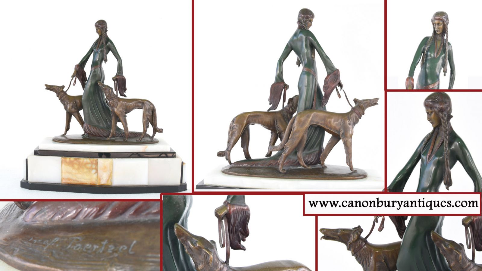 Art Deco Bronze Aristocrates Barzoï Dogs Figurine Signed Poertzel