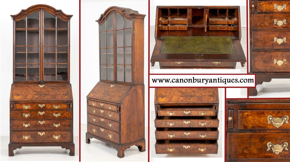 Bibliothèque Queen Anne Bureau - Armoire en noyer antique du XVIIIe siècle