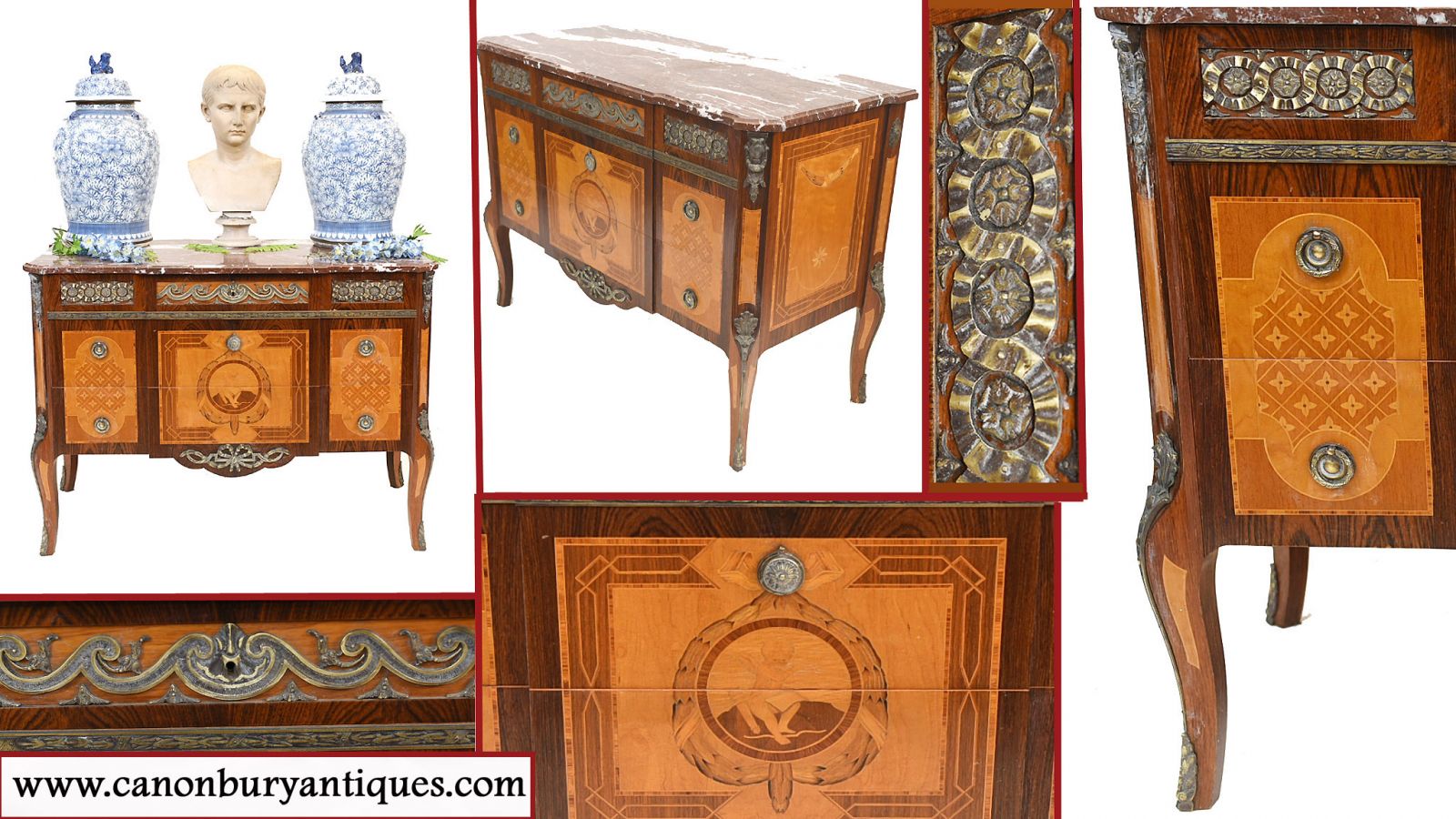 Buffet de style scandinave avec buste d'Hermès en marbre et urnes chinoises bleues et blanches