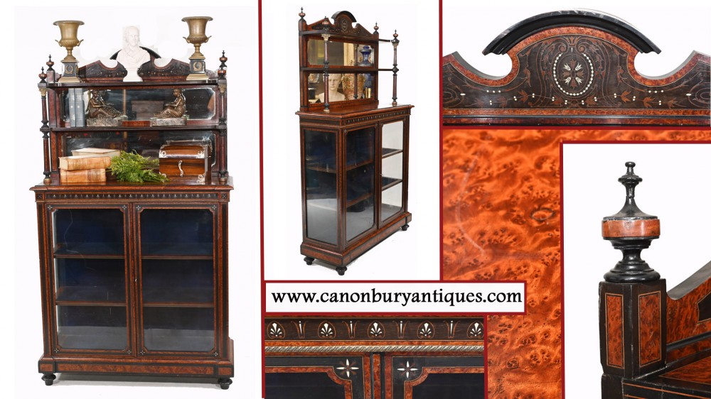 Cabinet Chiffonier Français Incrustation Antique 1880 Amboine