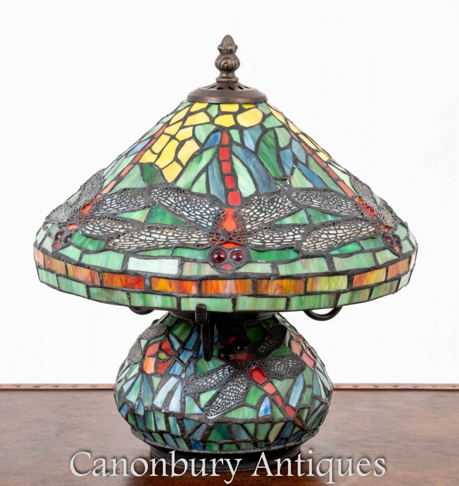 Lampe de table Art Nouveau Tiffany - Libellule lumineuse en vitrail 