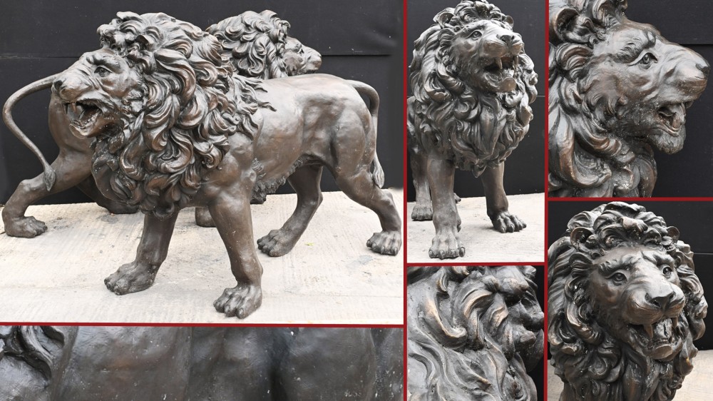 Paire Bronze Lions Statues Monumentales Chat Gardiens Médicis