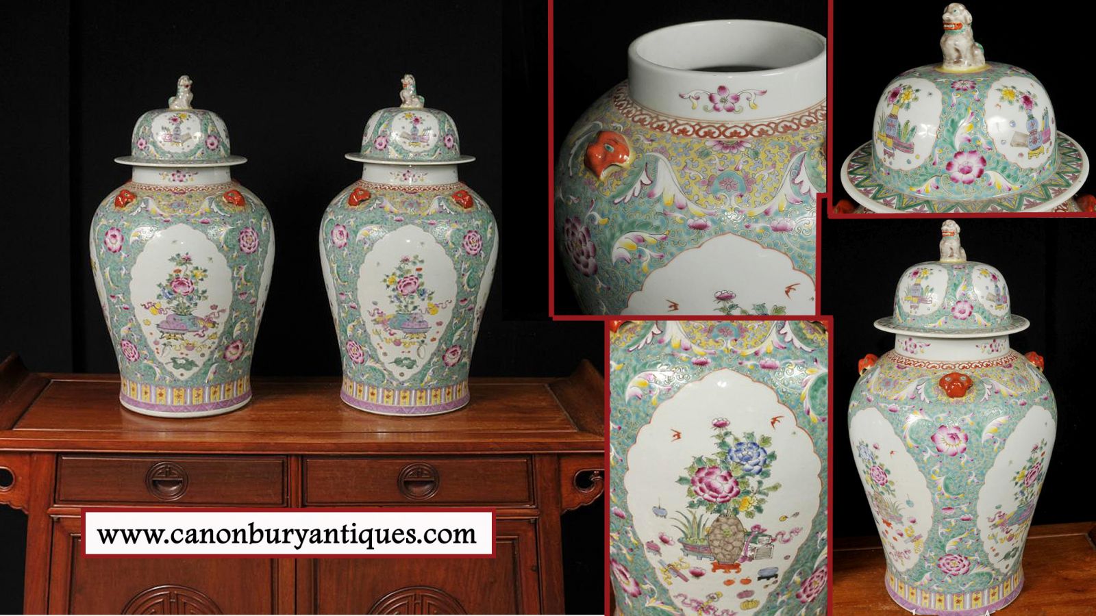 Paire de pots à gingembre en porcelaine chinoise de la famille Vert Temple Urns Vases