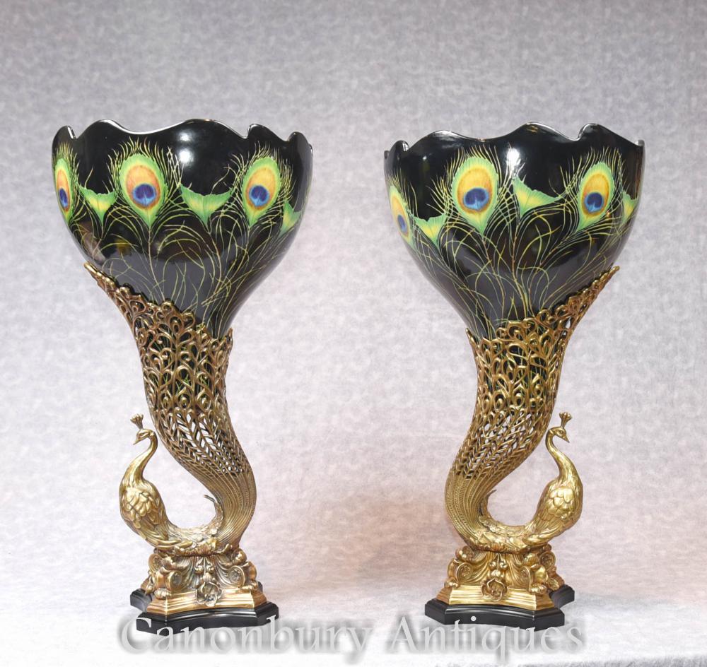 Paire de vases en porcelaine Art Nouveau - Urnes Oiseau Paon 