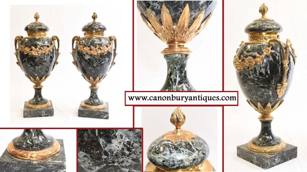 Paire d'urnes cassolettes Empire - Vases en marbre antiques français 1910