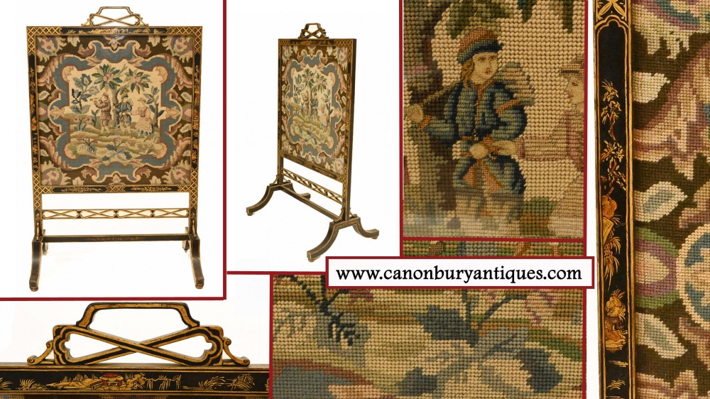 Paravent Regency Chinoiserie Laque Tapisserie Garde 1840