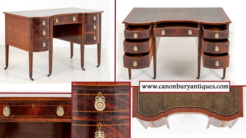 Sheraton Revival Desk - Table d'écriture incrustée d'acajou 1880