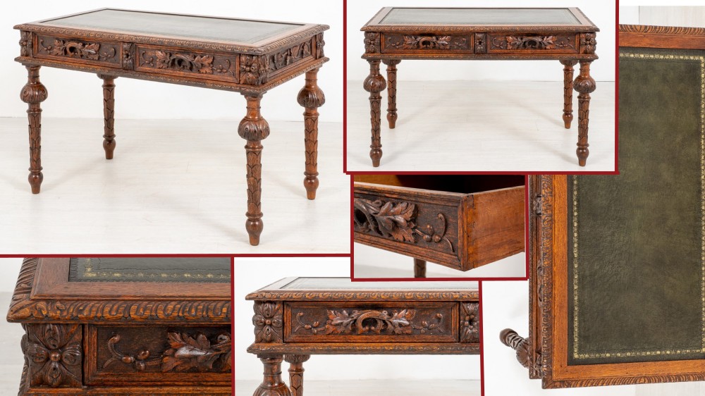 Table d'écriture en chêne de bureau victorien sculpté 1880