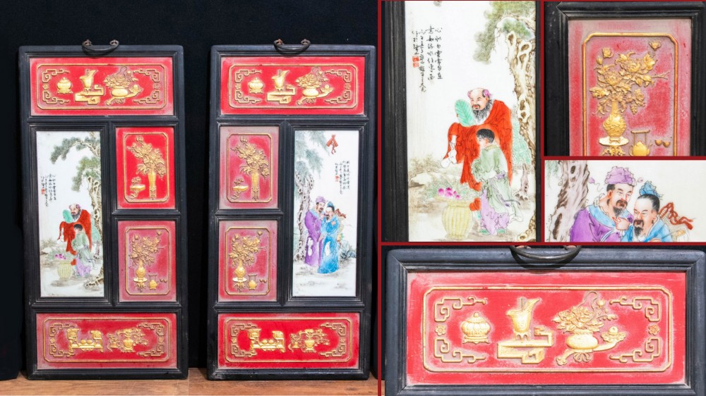 paire de plaques en porcelaine chinoise - Écran en bois dur Qianlong
