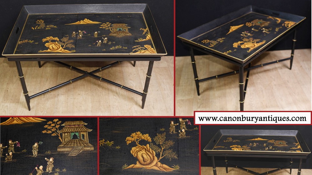 plateau de table basse en laque noire chinoise Chinoiserie 