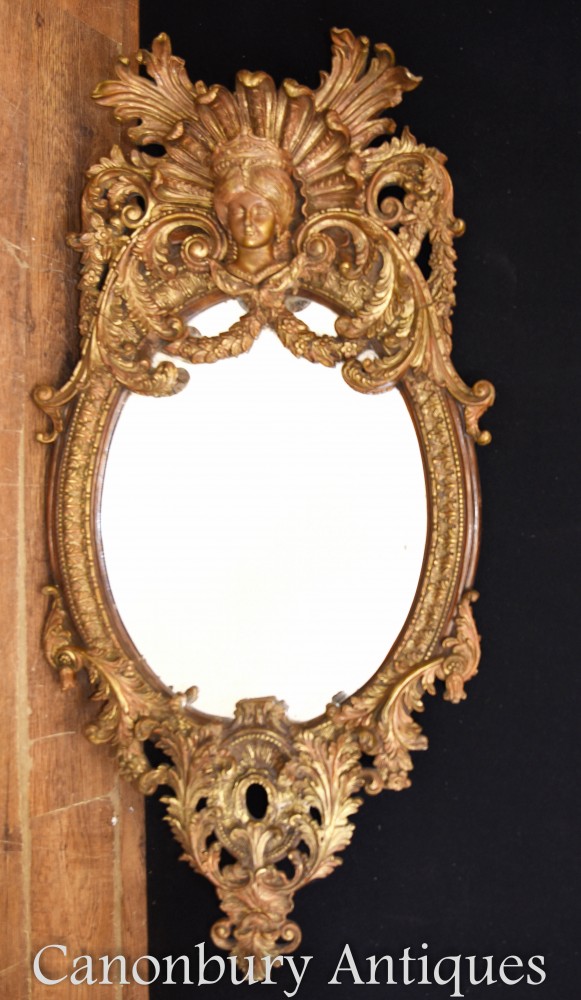 Miroir rococo français Tête de Jeune Fille Ovale Cadre Doré