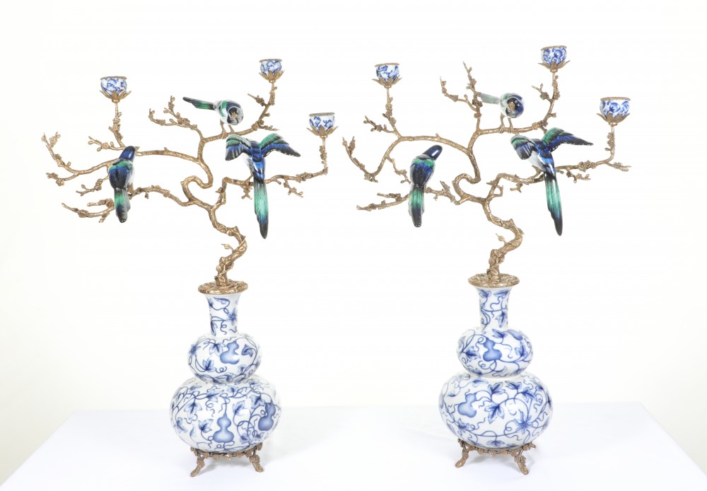 Candélabres En Porcelaine Bleue Et Blanche Branche D'Oiseau Doré