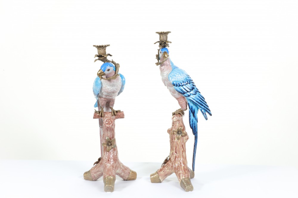 Paire Candélabres Perroquet Porcelaine Bougies Oiseaux Tropicaux