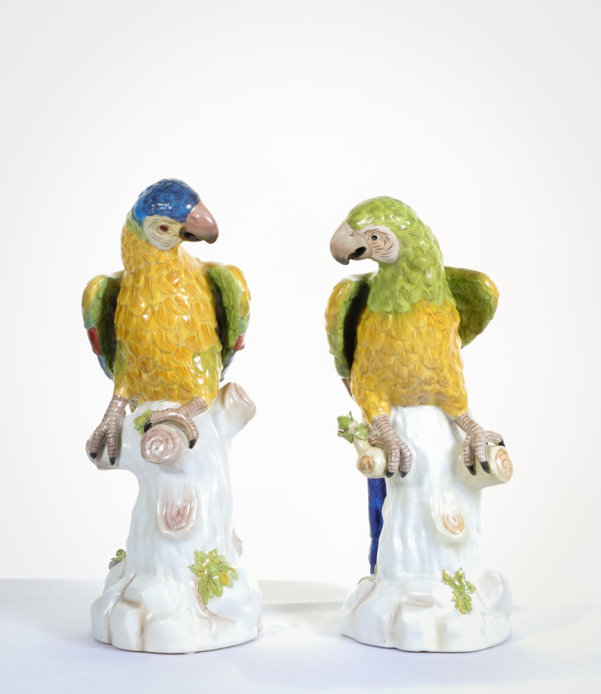 Paire Statues Perroquets Porcelaine Oiseau Tropical