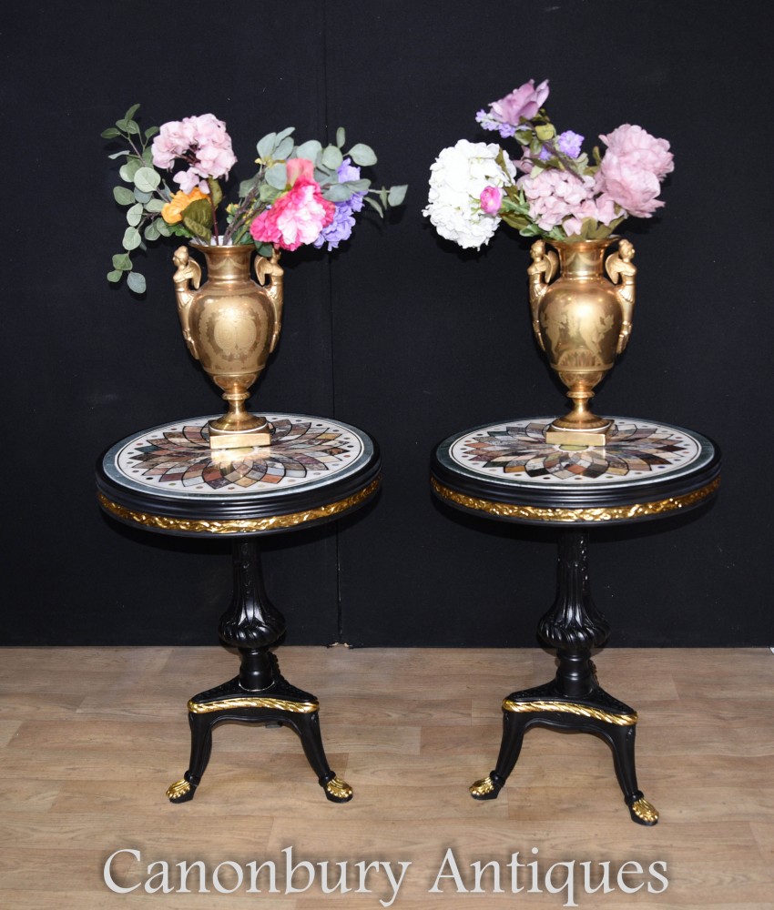 Paire Tables d'Appoint Laquées Pietra Dura Dessus Marbre Français