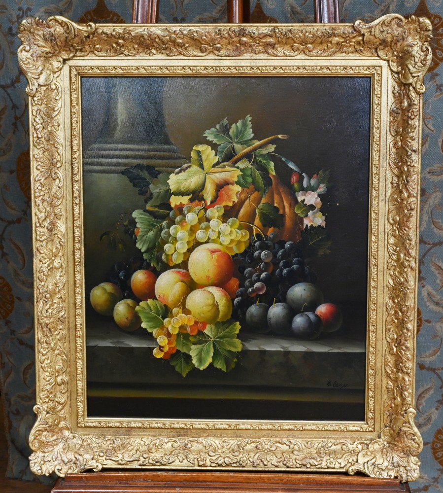 Nature morte édouardienne peinture à l'huile bol de fruits signé Q Casper