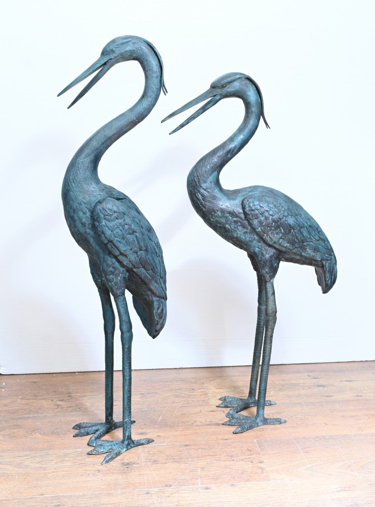 Paire Bronze Grues Japonaises Oiseaux De Jardin