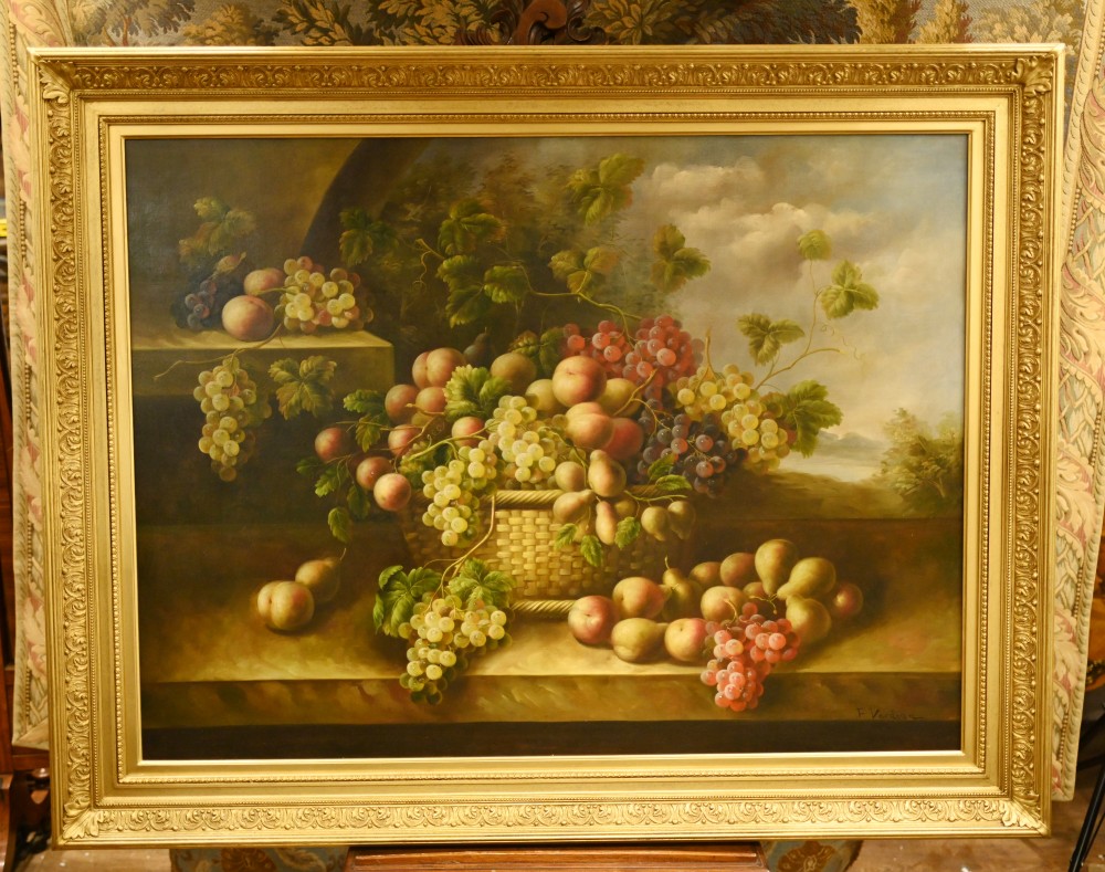 XL Français Nature Morte Peinture À L'huile Signée F. Verdian Fruit Art