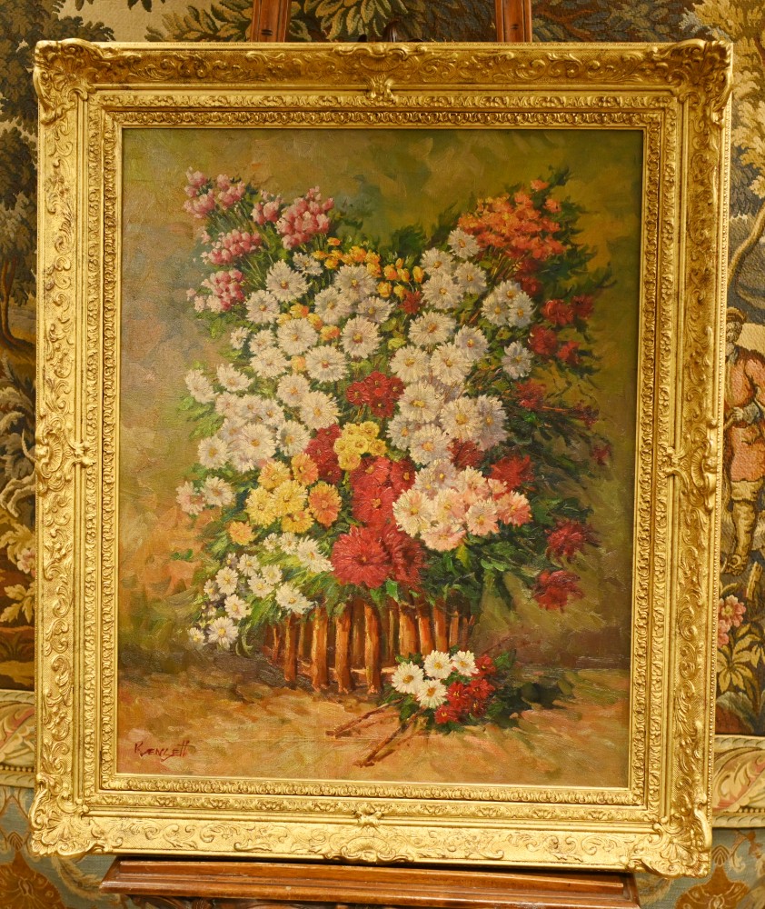 Français Peinture à l’huile impressionniste Nature morte florale Art signé