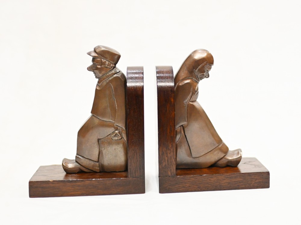 Paire Serre-livres Treenware Bois Sculpté et Bronze