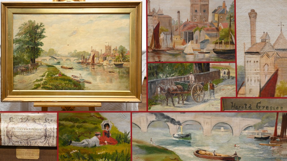 Henley sur la Tamise Antique Peinture à l’huile Riverscape 1870 Signé Harold Gregson