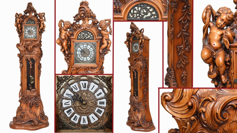 Horloge grand-père en noyer italien sculptée d'angelots Art Nouveau