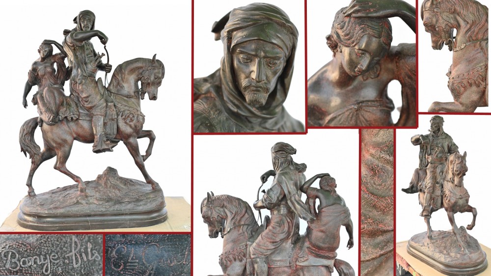 Statue arabe à cheval en bronze par Barye signée antique