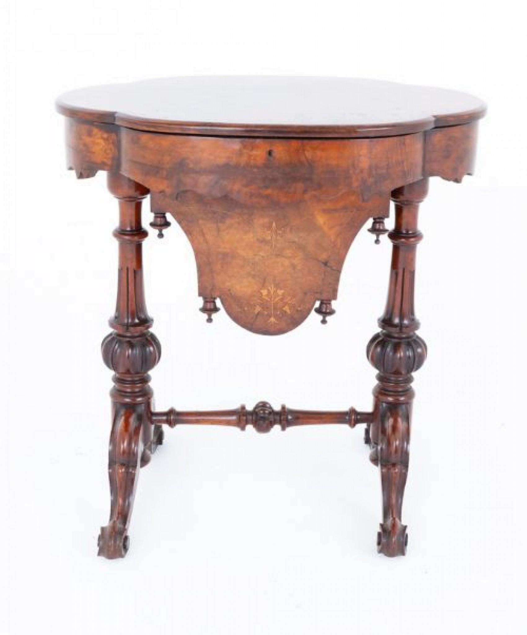 Table à coudre victorienne d'époque en ronce de noyer 1860