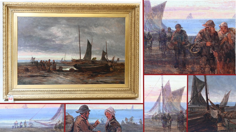 XL Peinture à l'huile victorienne Norfolk Coast Maritime 1860 6 pi